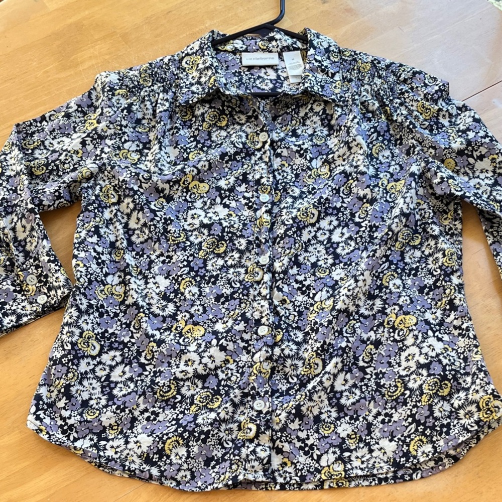 Liz Claiborne Purple, Navy, Yellow & White Floral 3/4 Sleeve Button-Up Blouse